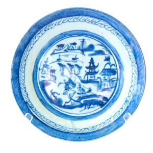 Chinese Canton Porcelain Plate Blue White Landscape Qing Dynasty 19th Century