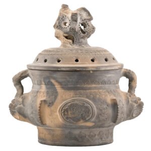 Chinese Archaic Mingqi Pottery Censer Pierced Cover Jar Dragon Brown Late Period