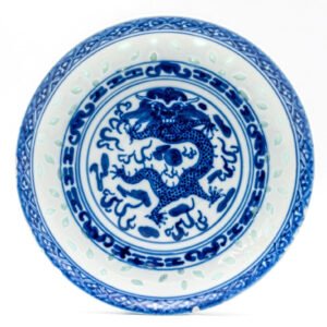 Chinese Porcelain Dragon Pearl Saucer Blue White Mark Republic 20th Century