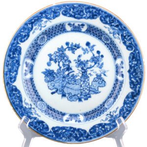 Chinese Qianlong Porcelain Plate Blue White Precious Objects Qing Period 18th C.