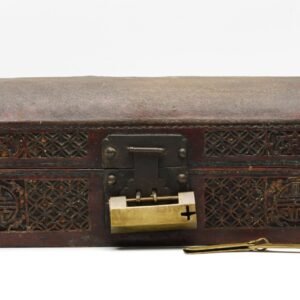 Chinese Carved Leather Box Metal Key Locker Daoist Symbols Shou Butterfly 19C