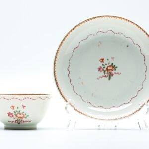Chinese Porcelain Cup Saucer Famille Rose Flower Basket Qianlong Gilt Qing 18C