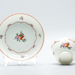 Chinese Porcelain Cup Saucer Famille Rose Flower Basket Qianlong Gilt Qing 18C