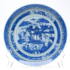 Chinese Porcelain Plate Guangxu Blue White Pagoda Landscape Qing Dynasty 19C