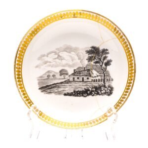 English Worcester Porcelain Tea Saucer Gilt Black Transfer Print Regency 19th C