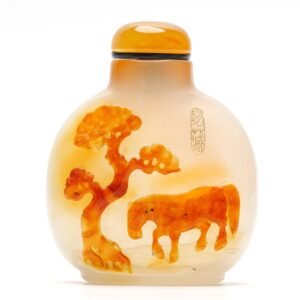 Chinese Snuff Bottle Gold Agate Stopper Horse Tree Poem Daoist Seal Mark 19C