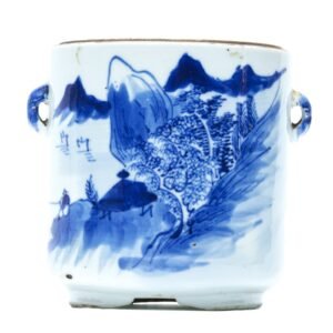 Chinese Porcelain Brush Pot Blue White Landscape Scene Late Qing Period 19th C