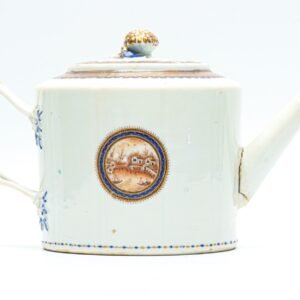 Chinese Export American Teapot Pitcher Sepia Shipyard Qianlong Blue Gilt 18C