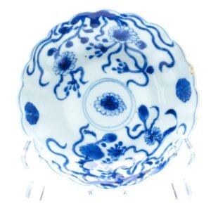 Chinese Porcelain Saucer Blue White Peony Scrolls Qing Kangxi Flower Marked 18C