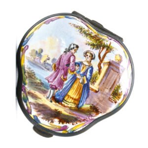 French Enamel Snuff Box Porcelain Painted Figures Lady and Lord Marks Lille 1767