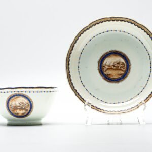 Chinese Export American Cup Saucer Sepia Shipyard Qianlong Blue Gilt Enamel 18C