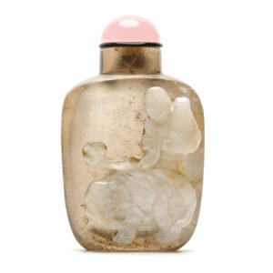 Chinese Snuff Bottle Rock Crystal Pink Elephant Boy Daoist Ruyi Scepter Vase 19C