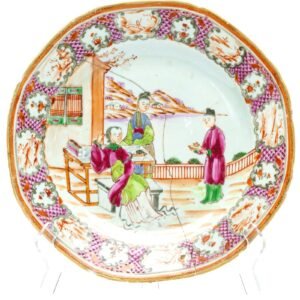 Chinese Porcelain Plate Lady Boy Mandarin Famille Rose Gilt Qing Qianlong 18th C