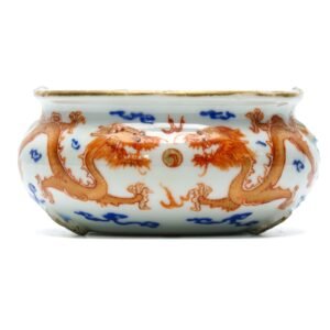 Chinese Incense Burner Porcelain Dragons Pearl Iron Red Gilt Blue Cloud Late 20C
