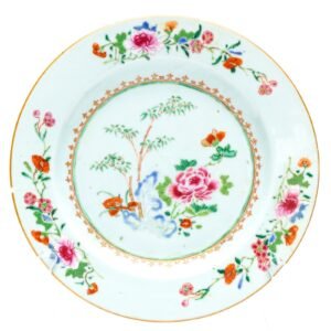 Chinese Porcelain Plate Famille Rose Gilt Garden Spear Arrow Qing Qianlong 18C