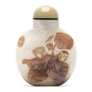 Chinese Snuff Bottle Shadow Agate Coral Stopper Hehe Erxian Boys Daoist Mark 19C