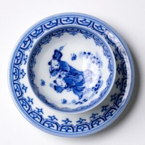 Japanese Porcelain Cup Saucer Blue White Hehe Boys Arrow Border Mark Meiji 20C