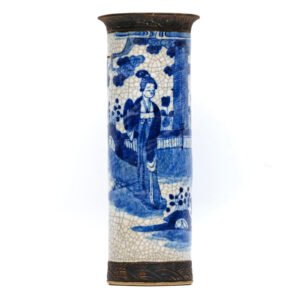 Chinese Porcelain Sleeve Vase Blue White Ladies Brown Bands Late Qing Marked 19C