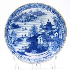 Chinese Porcelain Deep Dish Qianlong Blue White Pagoda Landscape Qing Dynasty 18