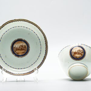 Chinese Export American Cup Saucer Sepia Shipyard Qianlong Blue Gilt Enamel 18C