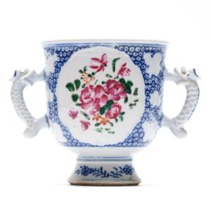 Chinese Porcelain Cup Beaker Handles Blue Famille Rose Gilt Qing Qianlong 18C
