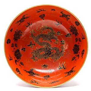 Chinese Porcelain Dragon Bowl Canton Red Black Gilt Four Red Reign Mark 20C