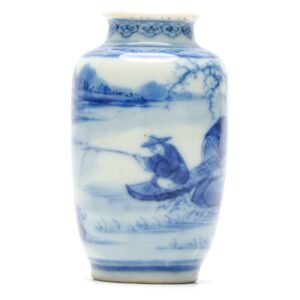 Chinese Vase Blue White Miniature Fisherman Land Scene Daoguang Peach Marked 19C
