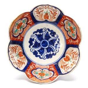 Japanese Porcelain Arita Lotus Petal Bowl Imari Gilt Cartouches Late Meiji 19C