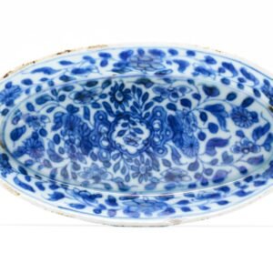 Chinese Kangxi Porcelain Tea Stand Oval Cobalt Blue Gilt Peony Scrolls Qing 18C