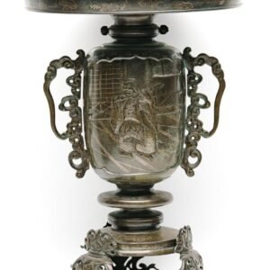 Japanese Bronze Usubata Silver Inlaid Samurai Scene Relief Edo Meiji Period 19C