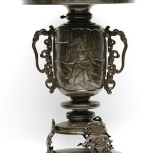 Japanese Bronze Usubata Silver Inlaid Samurai Scene Relief Edo Meiji Period 19C