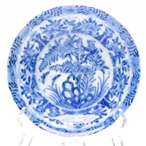 Japanese Porcelain Arita Saucer Blue White Flower Chrysanthemum Scroll Meiji 19C