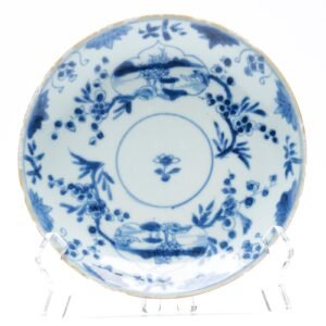 Chinese Porcelain Saucer Prunus Batavian Blue Cartouches Scene Kangxi Qing 18C