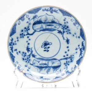 Chinese Porcelain Saucer Prunus Batavian Blue Cartouches Scene Kangxi Qing 18C