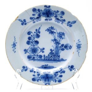 English Delftware Plate Blue White Pearlware Flower Border Chinoiseries 18C