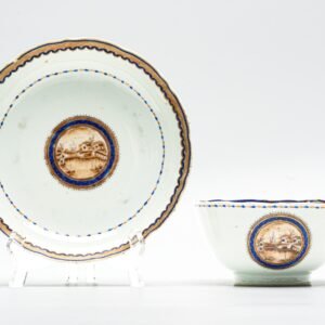 Chinese Export American Cup Saucer Sepia Shipyard Qianlong Blue Gilt Enamel 18C
