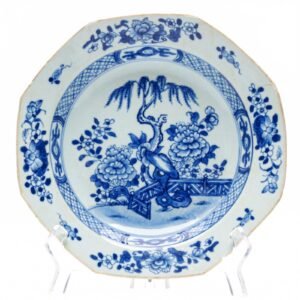 Chinese Porcelain Plate Qianlong Blue White Garden Daoist Symbol Qing Period 18C