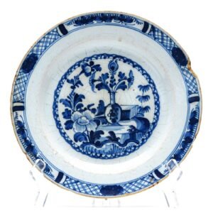 English Delftware Plate Blue White Pearlware Diaper Border Chinoiseries 18C