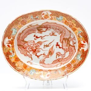 Japanese Porcelain Dish Dragon Iron Red Gilt Immortals Border Kutani Meiji 19C