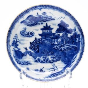 Chinese Porcelain Saucer Qianlong Blue White Pagoda Landscape Qing Dynasty 18C