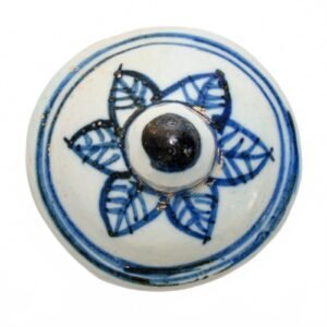 Chinese Vase Cover Porcelain Blue White Border Flower Leaves Double Line 20C
