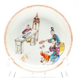 Chinese Porcelain Saucer Mandarin Rose Gilt Ladies Goat Scene Qing Qianlong 18C