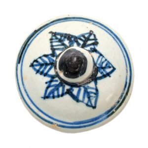 Chinese Vase Cover Porcelain Blue White Border Flower Leaves Double Line 20C