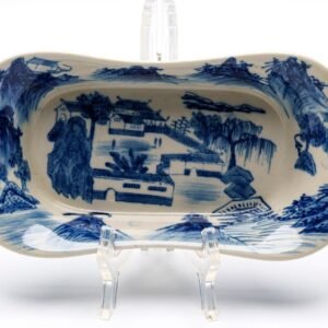 Chinese Porcelain Deep Dish Tray Blue White Literati Landscape Marked Late 20C