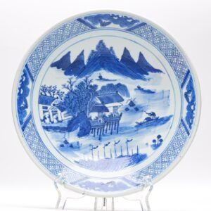 Chinese Porcelain Plate Blue White Canton River Lake Landscape Qing Period 19C