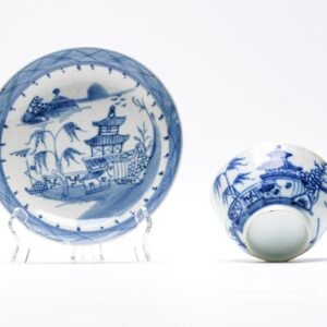 Chinese Porcelain Cup Saucer Blue White Landscape Export Qianlong Qing 18C