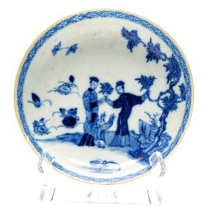 Chinese Porcelain Ladies and Boy Saucer Qianlong Blue White Diaper Rim Qing 18C