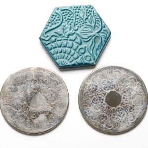 Vintage Silver Tone Drinks Coasters Floral Engraved Set with Ceramic Holder 20C