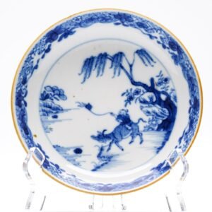 Chinese Porcelain Saucer Blue White Boy Play Kite Water Buffalo Kangxi Qing 18C