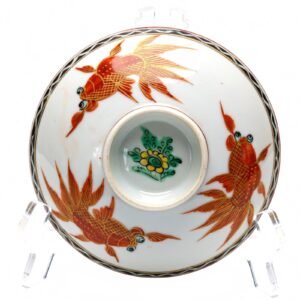 Chinese Gaiwan Cover Porcelain Famille Rose Gilt Goldfish Red Mark Hong Kong 20C